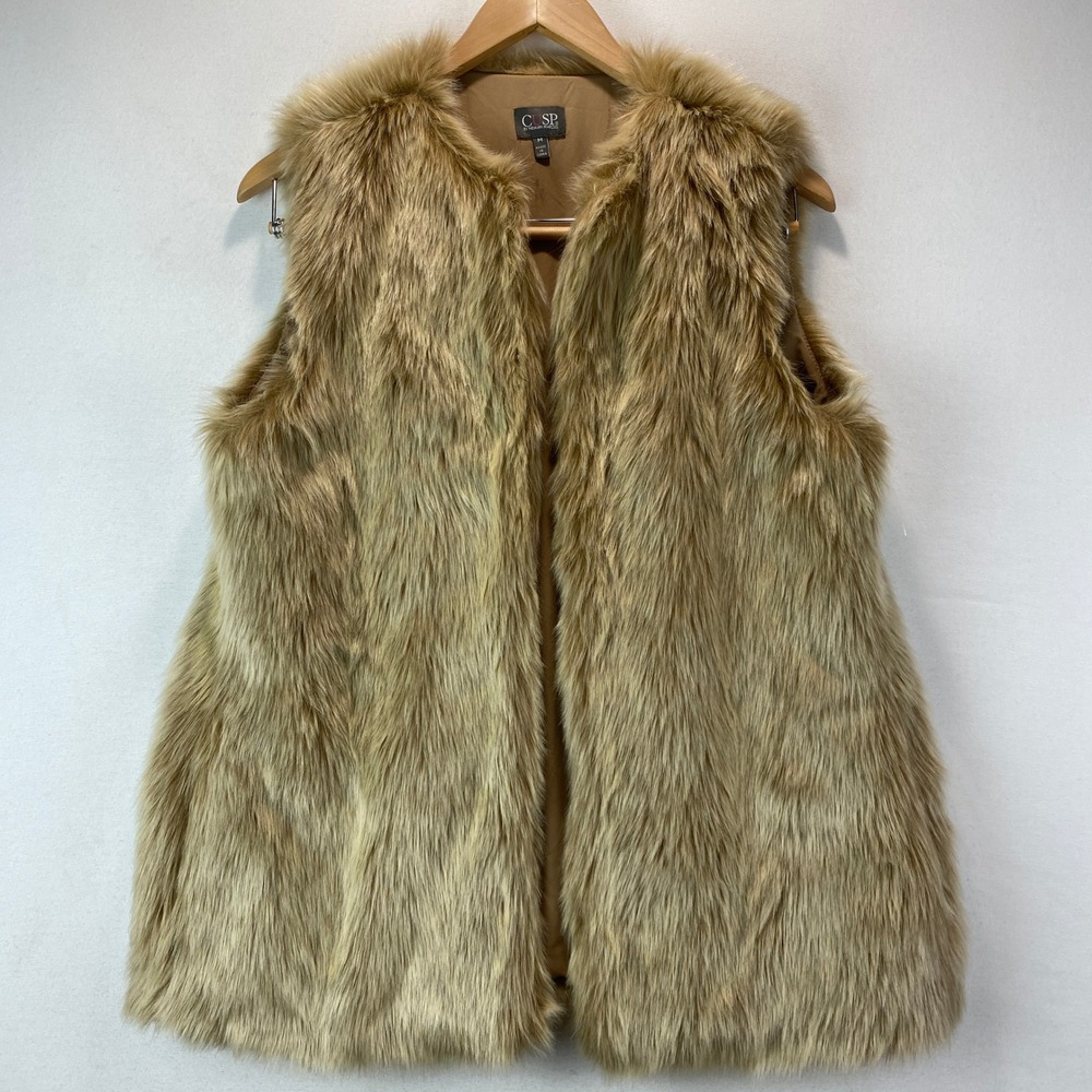 Cusp by Neiman Marcus Faux Fur Vest Women Size M Tan Shaggy Glam Open Front 0483